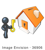 #36906 Clip Art Graphic Of A Dark Blue Guy Character Holding A Key And Standing By A House
