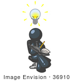 #36910 Clip Art Graphic of a Dark Blue Guy Character Jotting His Ideas Down by Jester Arts