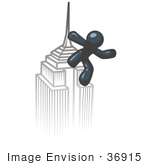 #36915 Clip Art Graphic Of A Dark Blue Guy Character On A Skyscraper