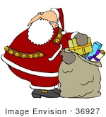 #36927 Clip Art Graphic Of Santa Pulling A Christmas Present Out Of The Toy Sack
