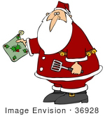 #36928 Clip Art Graphic Of Santa Holding A Spatula And Hot Pad While Cooking In The Kitchen
