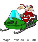 #36930 Clip Art Graphic Of Santa And Mrs Claus Having Fun On A Green Snowmobile