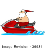 #36934 Clip Art Graphic Of Santa Shirtless Riding A Red Jet Ski