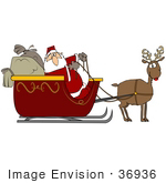#36936 Clip Art Graphic Of Santa And His Sacks In A Sleigh Being Pulled By His Reindeer Rudolph
