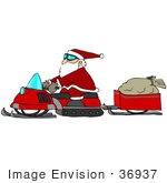 #36937 Clip Art Graphic Of Santa Pulling His Sack Of Toys In A Trailer Behind His Snowmobile