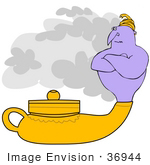 #36944 Clip Art Graphic Of A Grumpy Purple Genie Emerging From His Lamp
