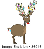 #36946 Clip Art Graphic Of Rudolph The Red Nosed Reindeer Decorated For Christmas With Colorful Lights In His Antlers And Hanging From His Tail