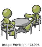 #36996 Clip Art Graphic Of Olive Green Guy Characters Discussing At A Table