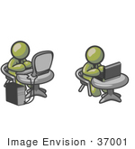 #37001 Clip Art Graphic Of Olive Green Guy Characters Working On Laptop And Desktop Computers
