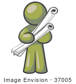 #37005 Clip Art Graphic Of An Olive Green Guy Character Holding Scrolls