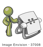 #37008 Clip Art Graphic Of An Olive Green Guy Character With A Rolodex