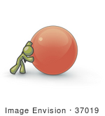 #37019 Clip Art Graphic Of An Olive Green Guy Character Pushing An Orb