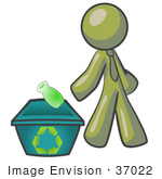 #37022 Clip Art Graphic Of An Olive Green Guy Character Recycling