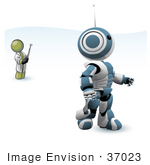 #37023 Clip Art Graphic Of An Olive Green Guy Character Controlling A Robot