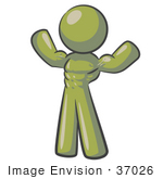 #37026 Clip Art Graphic Of An Olive Green Guy Character Flexing His Muscles