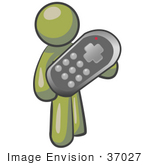 #37027 Clip Art Graphic Of An Olive Green Guy Character Holding A Remote Control