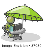 #37030 Clip Art Graphic of an Olive Green Guy Character Working on a Laptop Under an Umbrella by Jester Arts