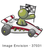 #37031 Clip Art Graphic Of An Olive Green Guy Character Racing A Race Car