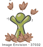 #37032 Clip Art Graphic Of An Olive Green Guy Character Playing In Leaves