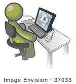 #37033 Clip Art Graphic Of An Olive Green Guy Character Using A Computer