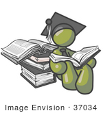 #37034 Clip Art Graphic Of An Olive Green Guy Character Graduate Reading Books