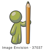 #37037 Clip Art Graphic Of An Olive Green Guy Character Standing With A Pencil