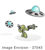 #37043 Clip Art Graphic Of An Olive Green Guy Character Fighting Ufos