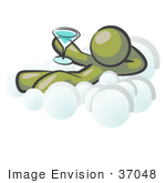 #37048 Clip Art Graphic Of An Olive Green Guy Character Drinking A Cocktail On A Cloud