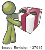 #37049 Clip Art Graphic Of An Olive Green Guy Character Holding A Gift