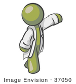 #37050 Clip Art Graphic Of An Olive Green Guy Character In A Lab Coat Pointing