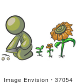 #37054 Clip Art Graphic Of An Olive Green Guy Character Planting Sunflowers