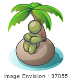 #37055 Clip Art Graphic Of An Olive Green Guy Character On A Deserted Island