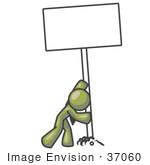 #37060 Clip Art Graphic Of An Olive Green Guy Character Inserting A Post In The Ground