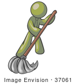 #37061 Clip Art Graphic Of An Olive Green Guy Character Mopping