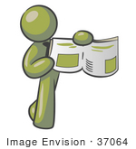 #37064 Clip Art Graphic Of An Olive Green Guy Character Holding A Story