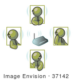 #37142 Clip Art Graphic Of Olive Green Guy Characters With Bluetooth Headsets Having A Phone Conference