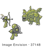 #37148 Clip Art Graphic Of Olive Green Guy Characters Fighting A Dragon