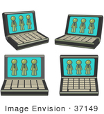 #37149 Clip Art Graphic Of Olive Green Guy Characters On Laptop Screens
