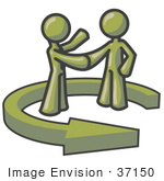 #37150 Clip Art Graphic Of Olive Green Guy Characters Shaking Hands In A Circling Arrow