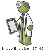 #37165 Clip Art Graphic Of An Olive Green Guy Character Doctor With A Head Lamp
