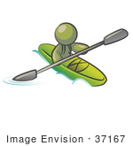 #37167 Clip Art Graphic Of An Olive Green Guy Character Kayaking