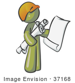 #37168 Clip Art Graphic Of An Olive Green Guy Character Holding Blueprints