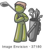 #37180 Clip Art Graphic Of An Olive Green Guy Character Golfing