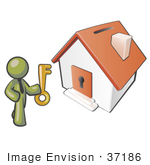 #37186 Clip Art Graphic Of An Olive Green Guy Character Holding A Key To A House