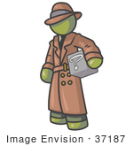#37187 Clip Art Graphic Of An Olive Green Guy Character Investigator Carrying A Box Of Questions