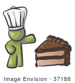 #37188 Clip Art Graphic Of An Olive Green Guy Character Chef With Chocolate Cake