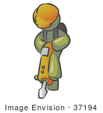 #37194 Clip Art Graphic Of An Olive Green Guy Character Operating A Jack Hammer