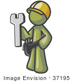 #37195 Clip Art Graphic Of An Olive Green Guy Character Holding A Spanner
