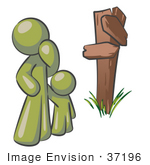 #37196 Clip Art Graphic Of An Olive Green Guy Character And Child At A Crossroads