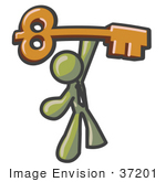 #37201 Clip Art Graphic Of An Olive Green Guy Character Holding A Skeleton Key